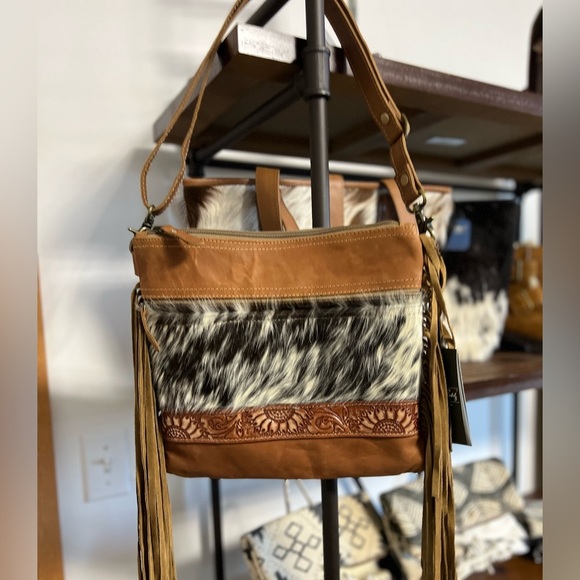 NEW Myra Bag Hand-Tooled Leather Cowhide Fringe crossbody festival flower Gift 💡 - Picture 2 of 9